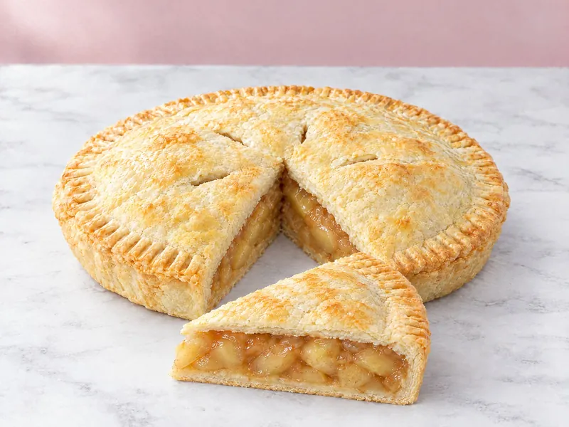 An apple pie with a fork pressed edge, and a slice pulled out to show the chunky apple filling