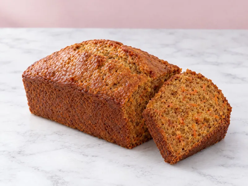 A carrot cake loaf with a thick slice cut to show the spiced crumb flecked with carrot