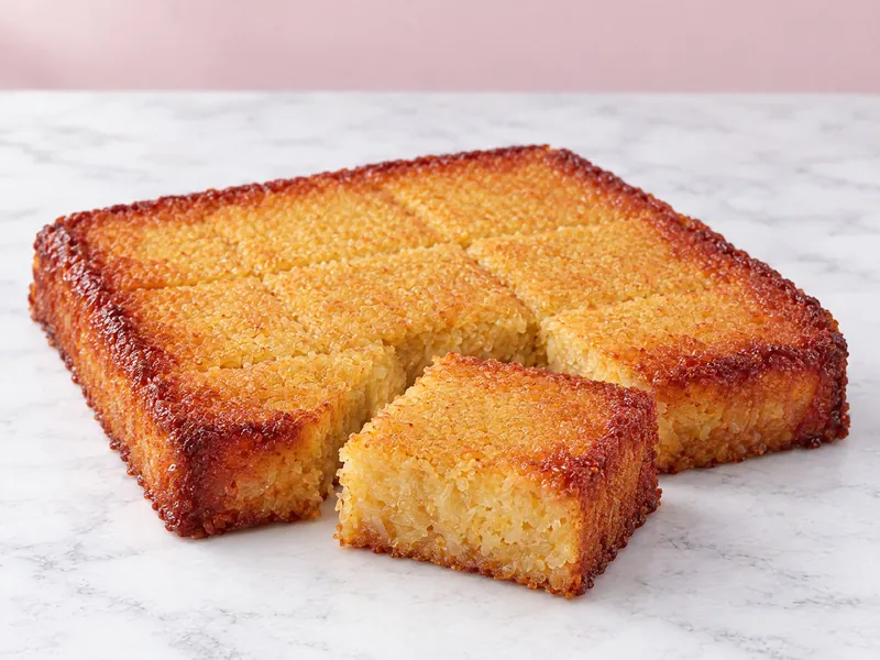 Golden cassava pone cut in squares, with one square pulled forward