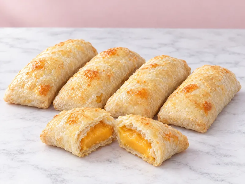 Four cheese rolls of flaky pastry, with a fifth broken open to show the melted orange cheese inside