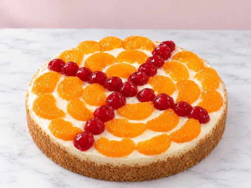 A whole cheesecake topped with rings of mandarin orange and a cross of red cherries