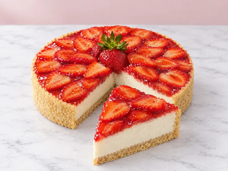 A cheesecake covered in halved strawberries under a glossy red glaze, with a slice cut out to show the creamy white filling