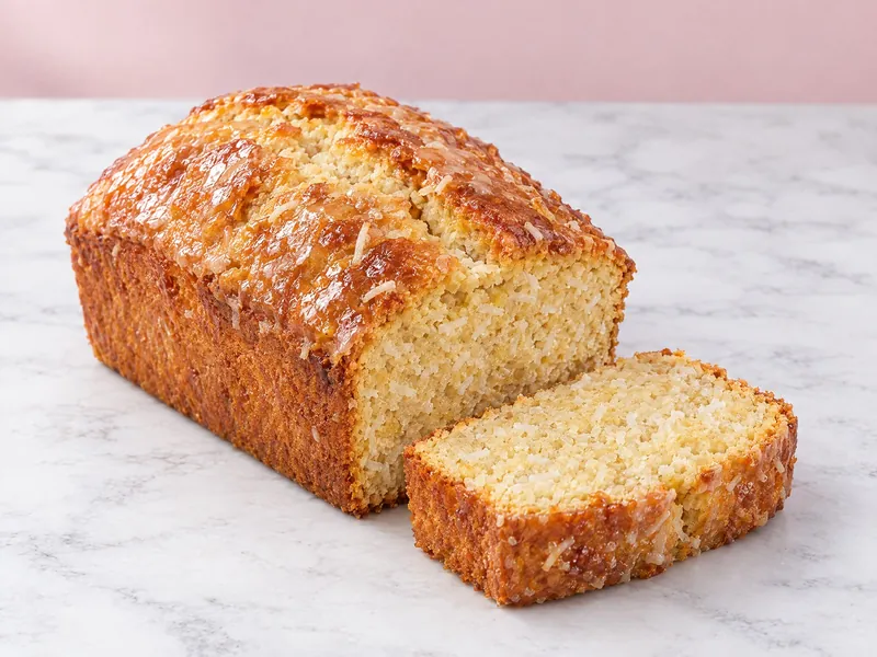 A glazed coconut sweet bread loaf with a slice cut to show the coconut crumb