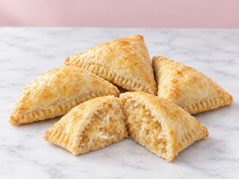 Triangle coconut tarts with fork pressed edges, one cut open to show the white grated coconut filling