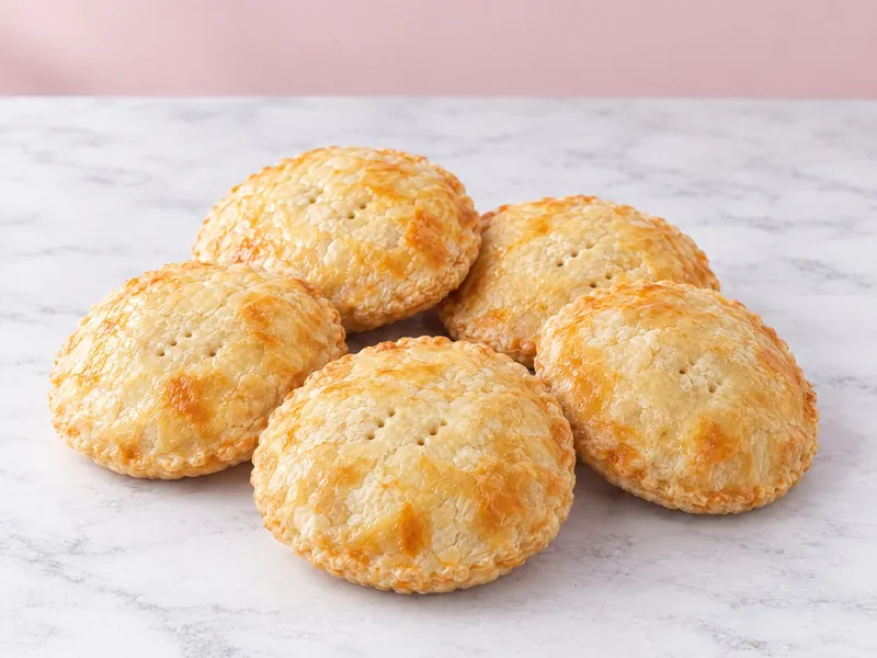 Five round golden patties with crimped edges and fork pricked tops