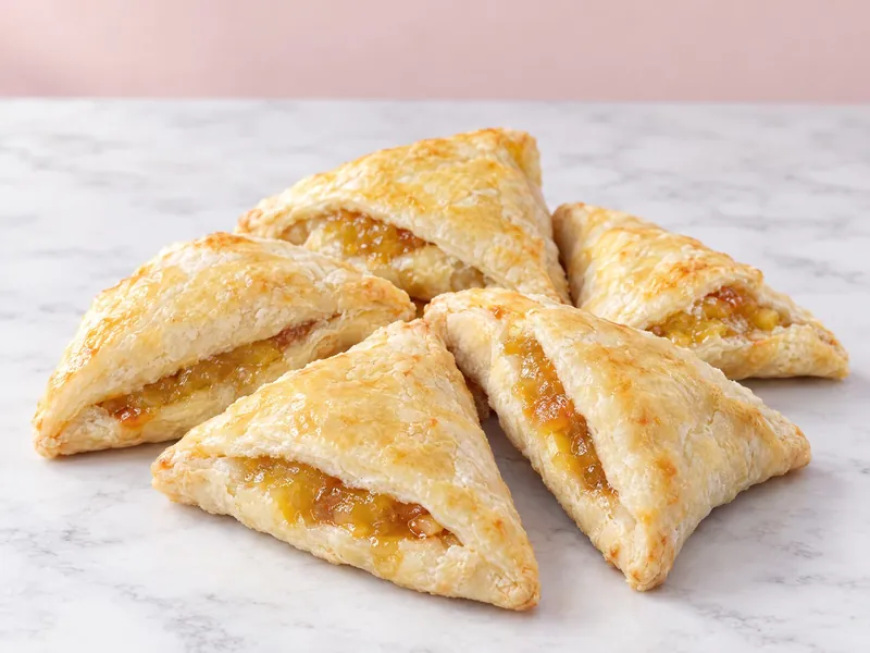 Five triangle pine tarts of flaky golden pastry with pineapple jam at the folds