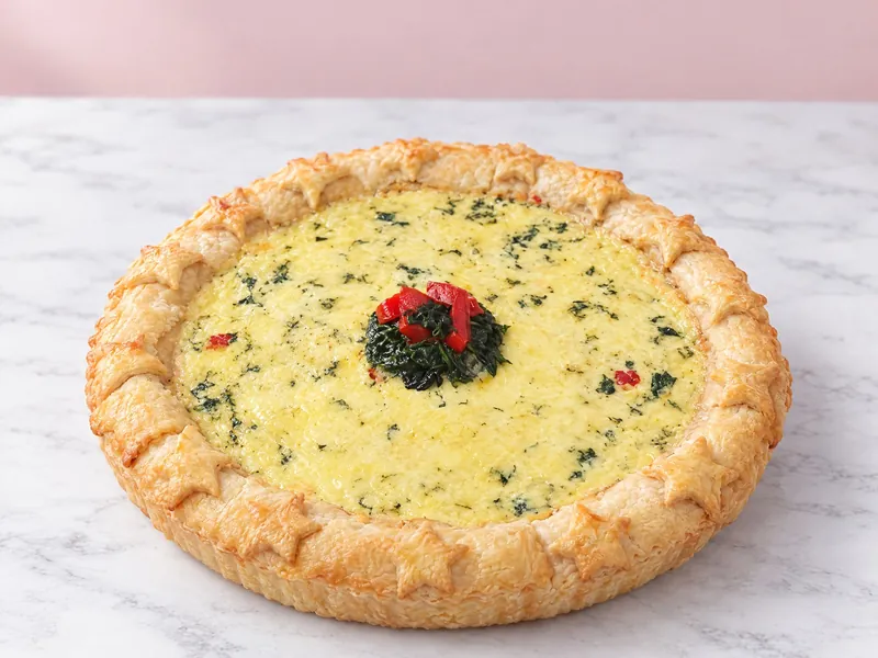 A whole quiche in a golden pastry rim, filled with egg, cheese and spinach