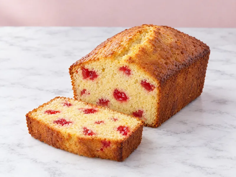 A golden sponge cake loaf with a slice cut to show red cherries in the crumb