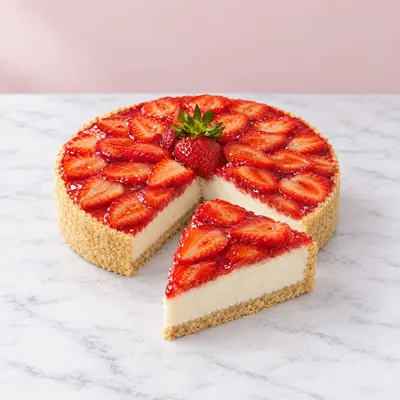 A cheesecake covered in halved strawberries under a glossy red glaze, with a slice cut out to show the creamy white filling