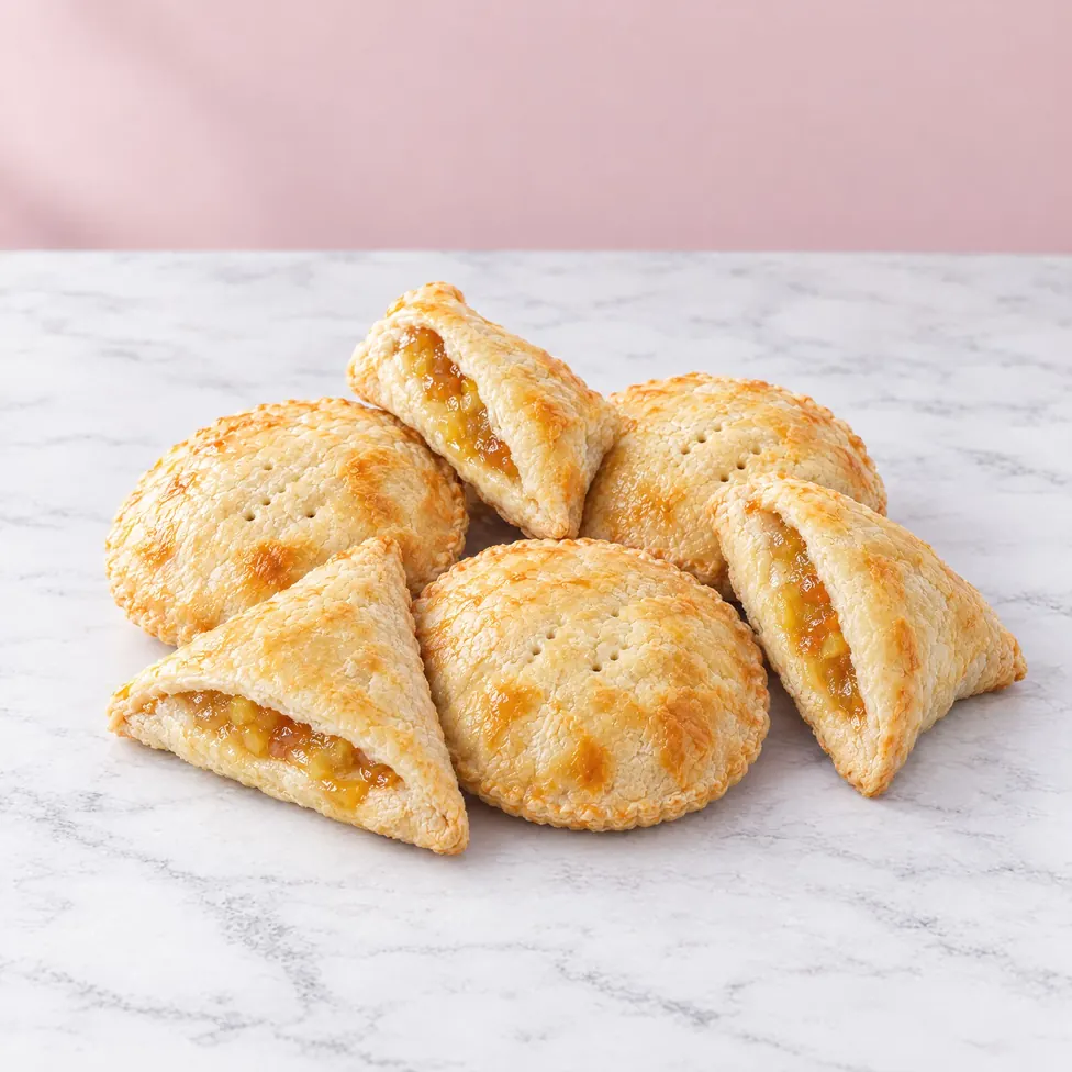 Round golden patties and triangle pine tarts with pineapple jam showing at the folds